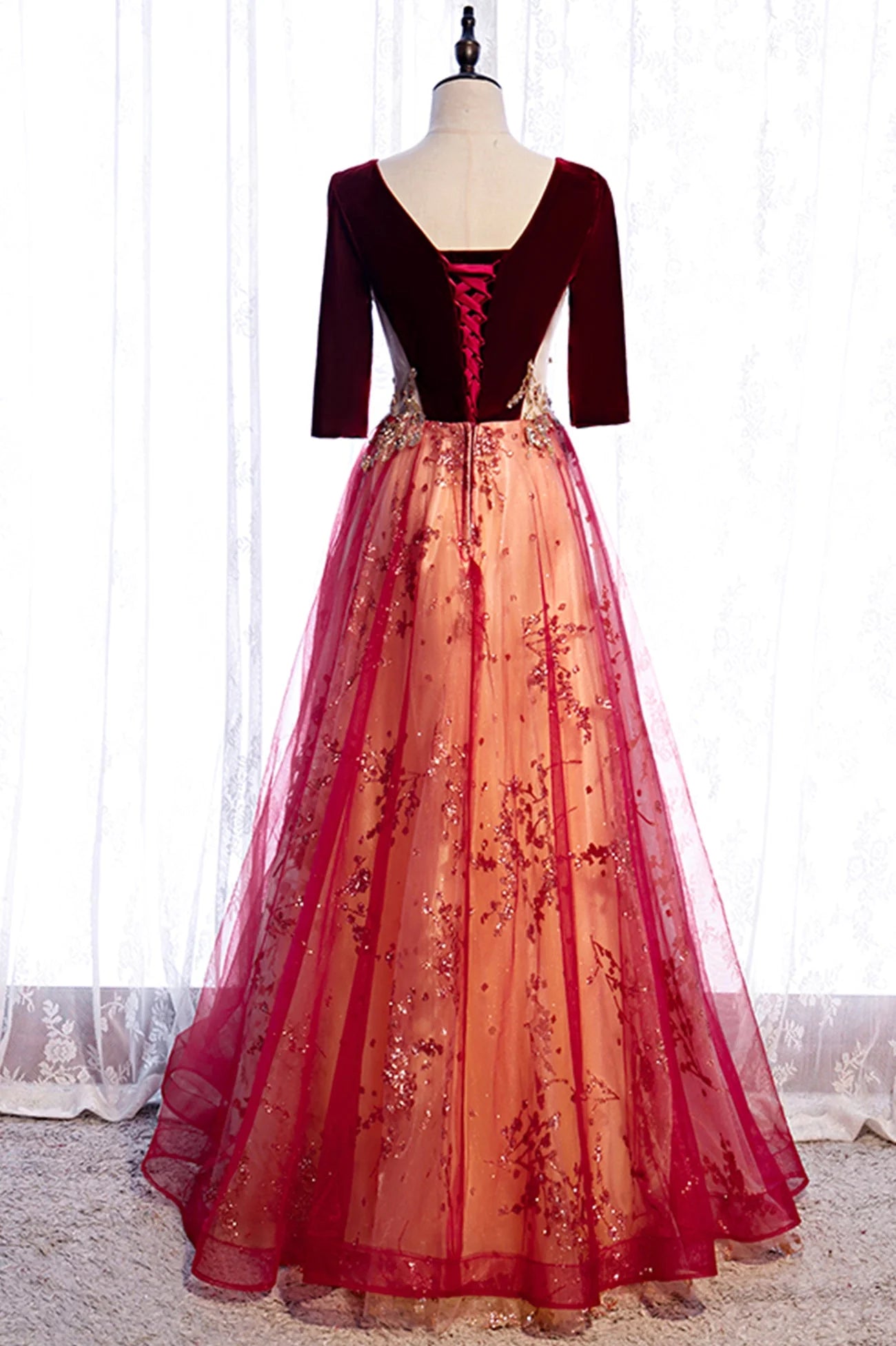 Elegant A-Line V-Neck 1/2 Sleeve Lace Up Floor-Length Prom Dress