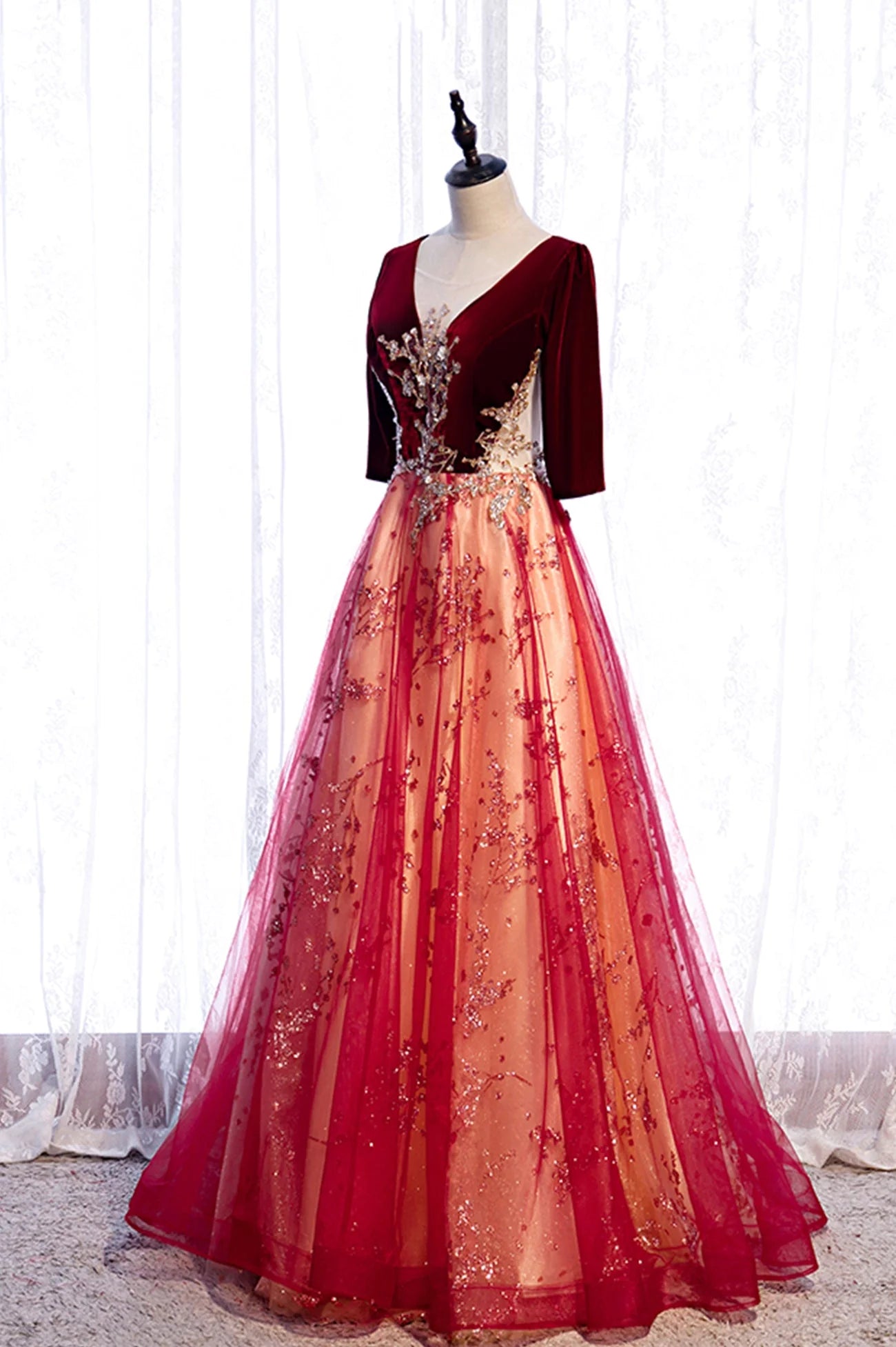 Elegant A-Line V-Neck 1/2 Sleeve Lace Up Floor-Length Prom Dress