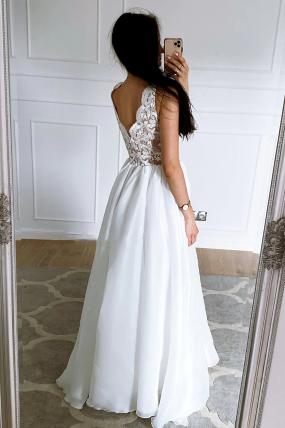 Elegant A-Line V-Neck Sleeveless Lace White Floor-Length Prom Dress
