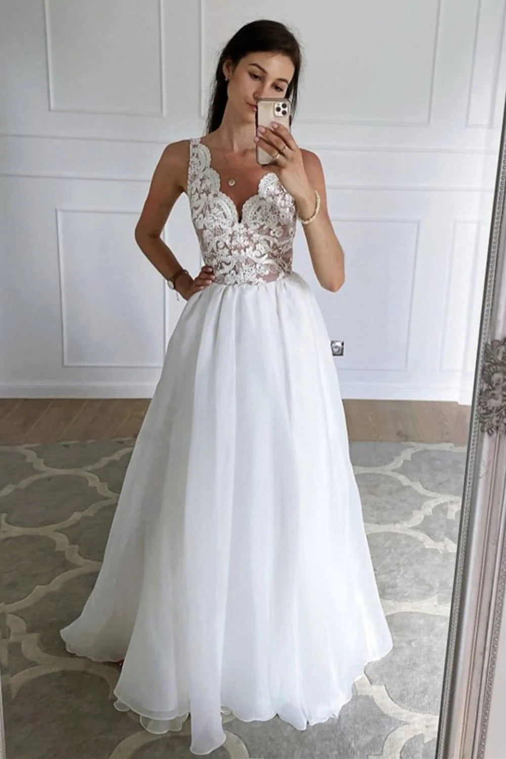 Elegant A-Line V-Neck Sleeveless Lace White Floor-Length Prom Dress