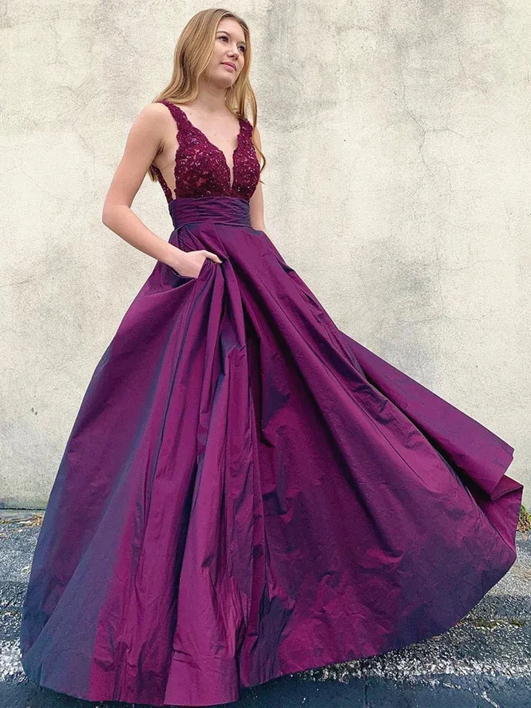 Elegant A-Line V Neck Sleeveless Backless Floor-Length Prom Dress