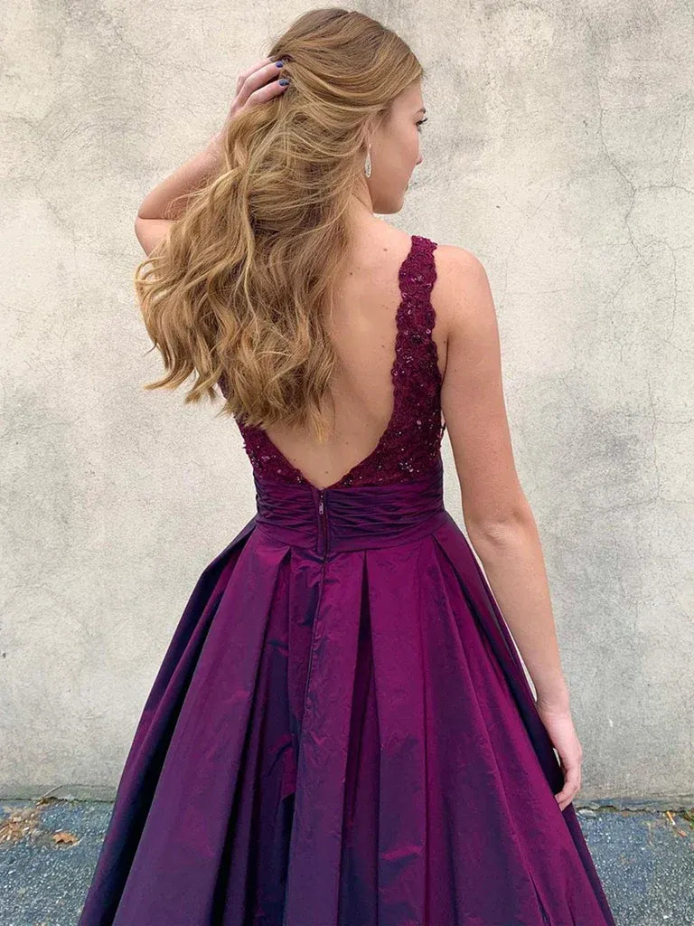 Elegant A-Line V Neck Sleeveless Backless Floor-Length Prom Dress