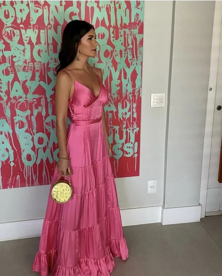 Elegant A-Line V Neck Sleeveless Pleated Satin Floor-Length Party Dress