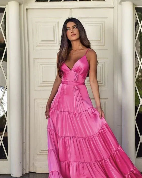 Elegant A-Line V Neck Sleeveless Pleated Satin Floor-Length Party Dress