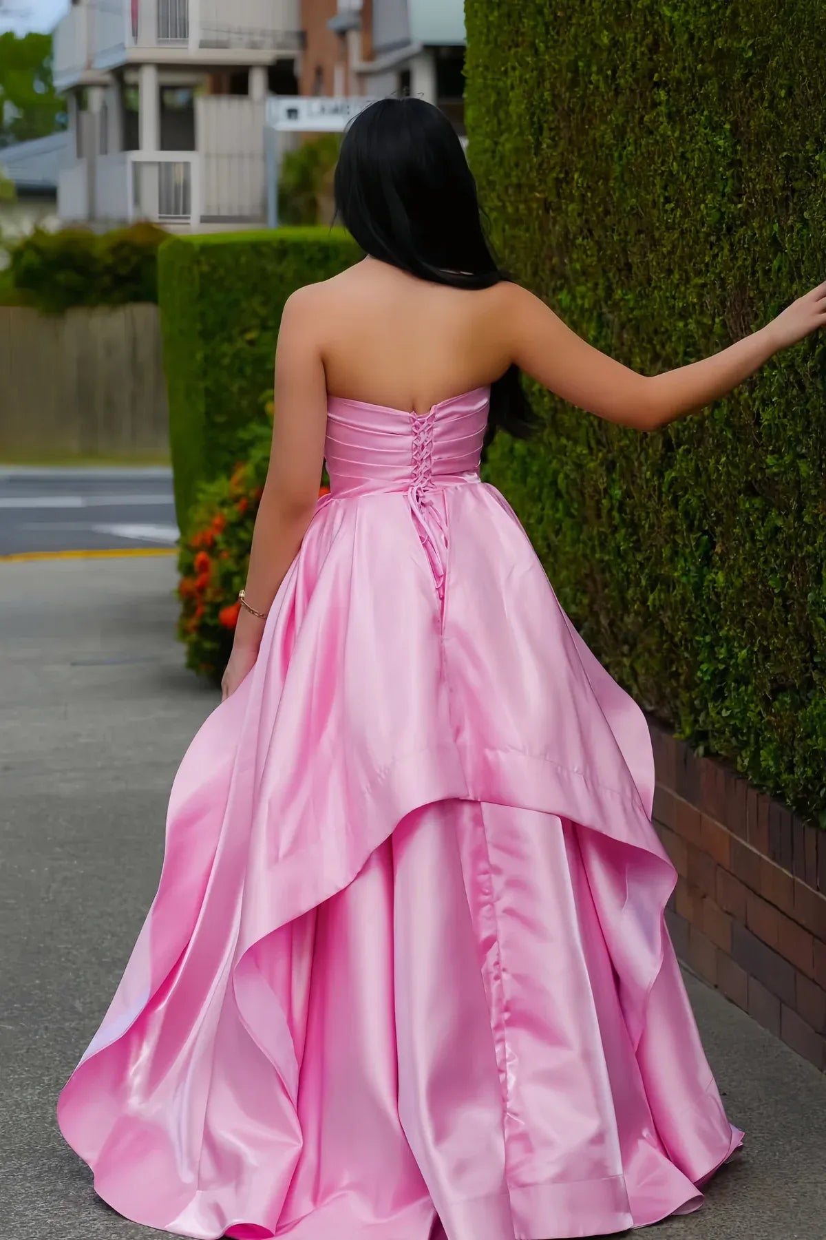 Elegant A-line Strapless Sleeveless Ruched Satin Floor-Length Prom Dress