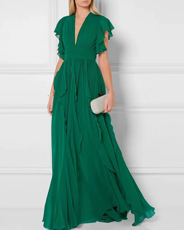 Elegant A-line V Neck Maxi Dress Chiffon Ruffle Floor Length Sleeveless Solid Color Prom Dress