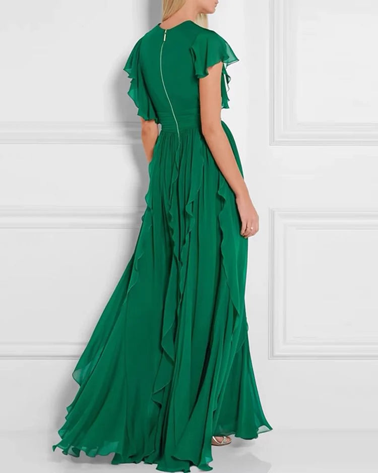 Elegant A-line V Neck Maxi Dress Chiffon Ruffle Floor Length Sleeveless Solid Color Prom Dress