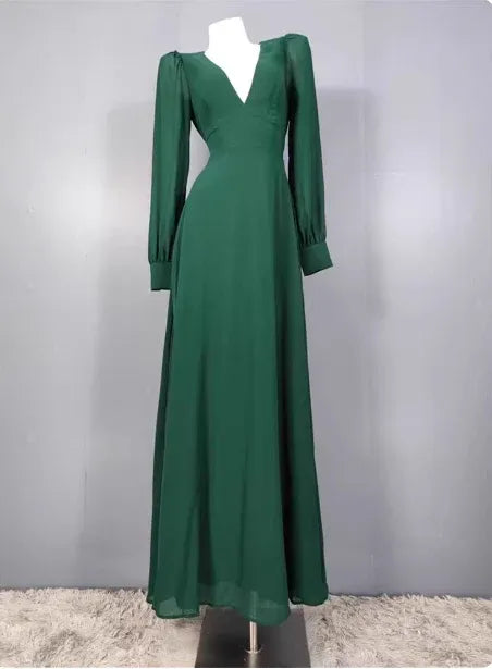 Elegant A Line V Neck Long Sleeve Cutout Emerald Floor Length Dress For Sale