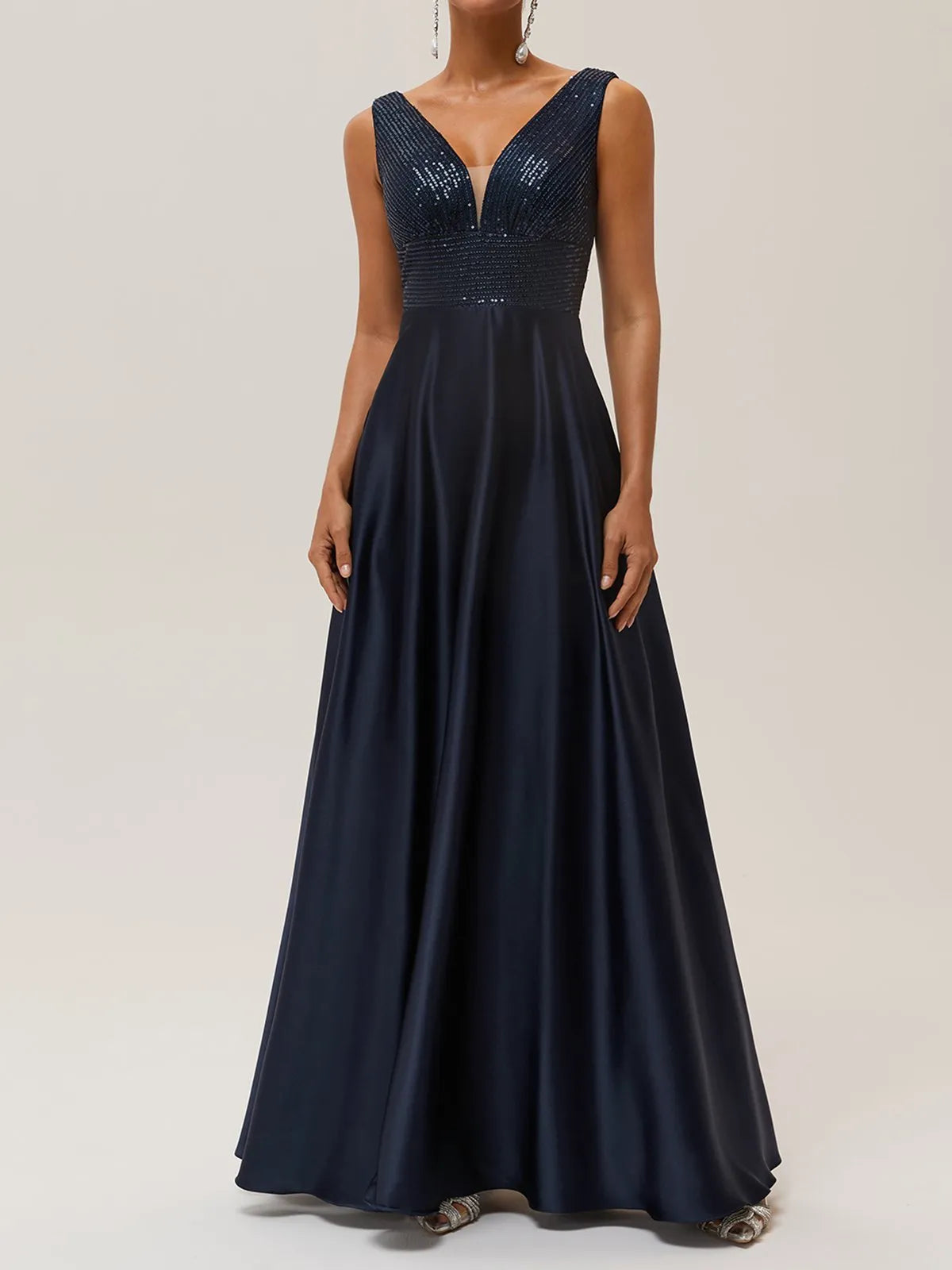 Elegant A Line V Neck Sleeveless V Back Floor Length Evening Dresses