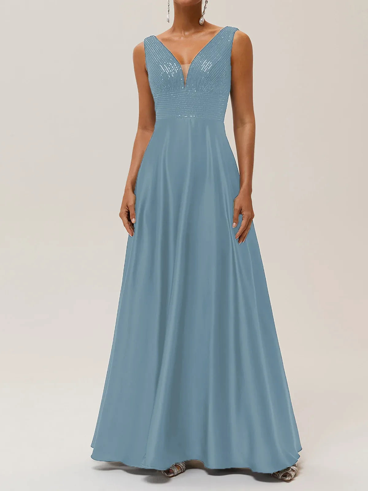 Elegant A Line V Neck Sleeveless V Back Floor Length Evening Dresses