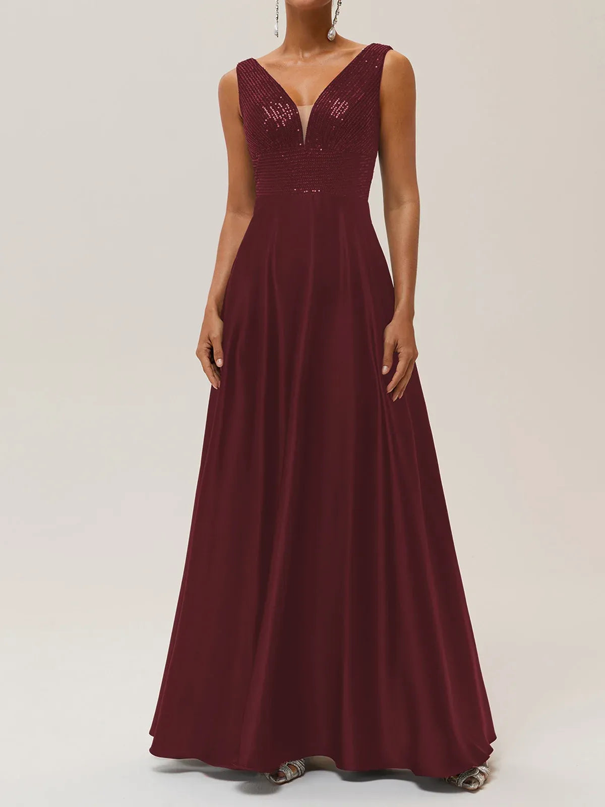 Elegant A Line V Neck Sleeveless V Back Floor Length Evening Dresses