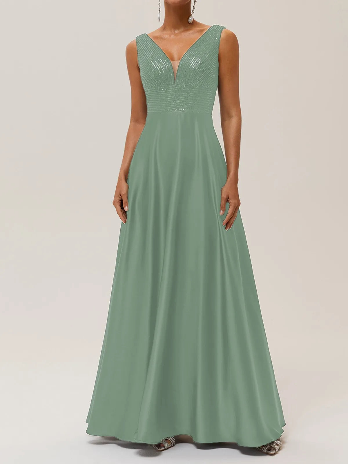 Elegant A Line V Neck Sleeveless V Back Floor Length Evening Dresses