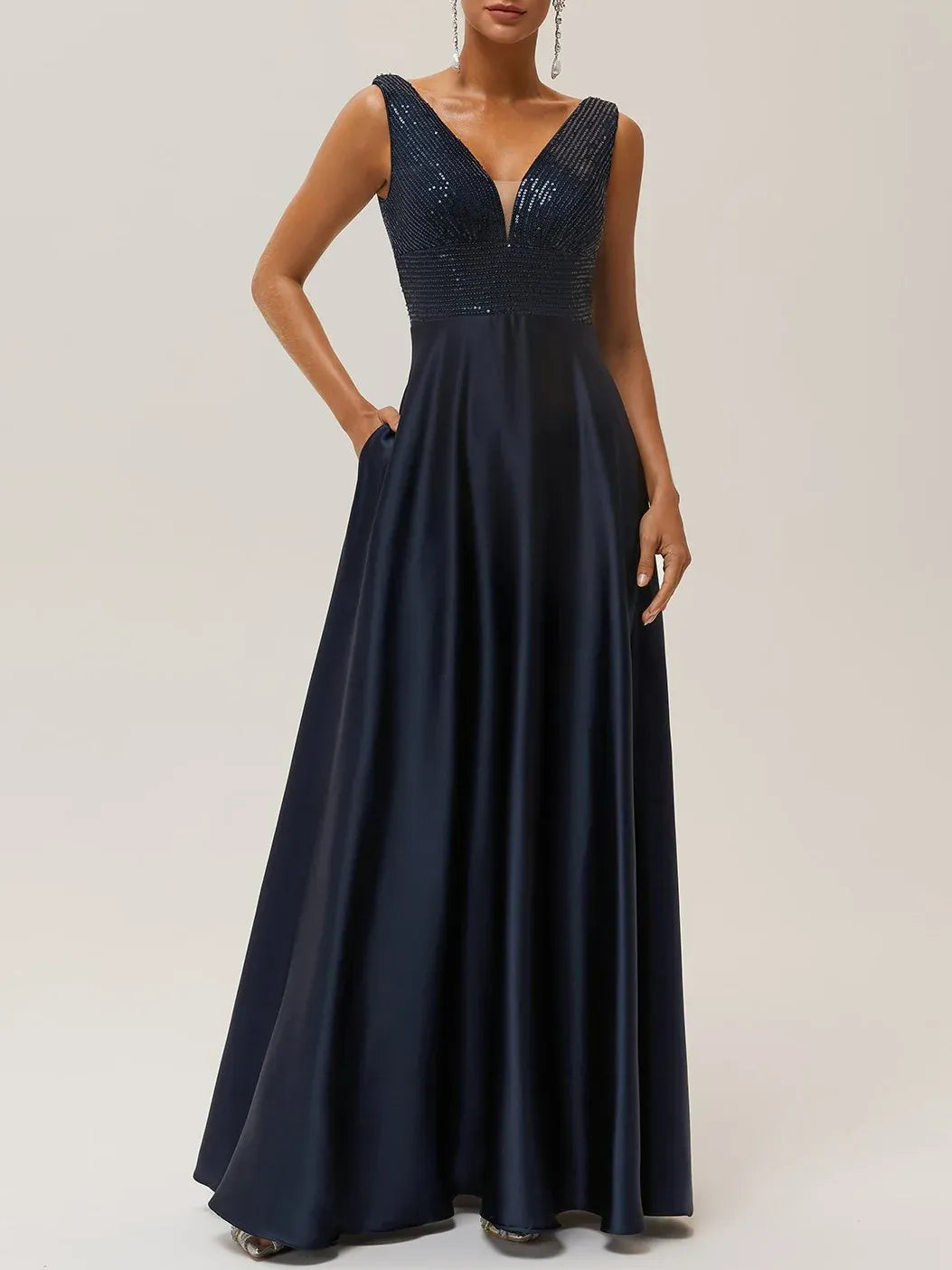 Elegant A Line V Neck Sleeveless V Back Floor Length Evening Dresses