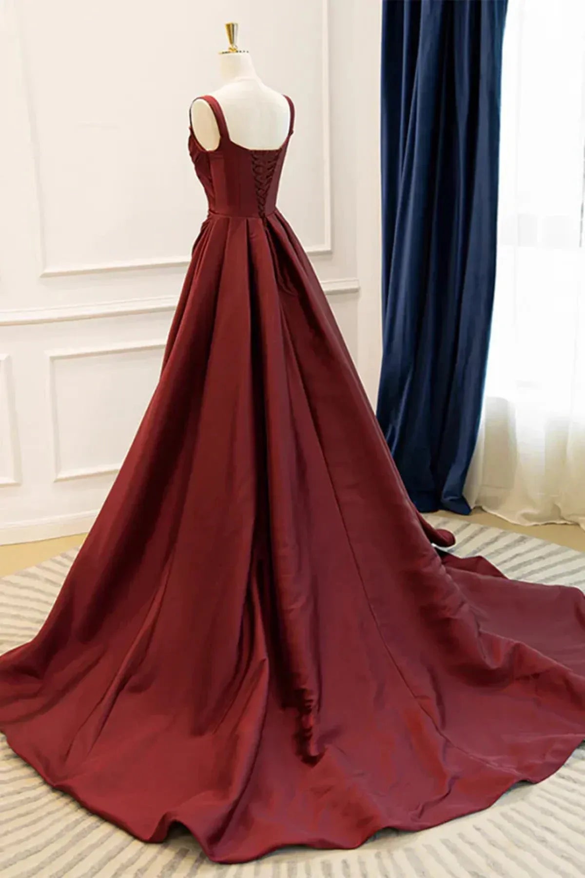 Elegant Ball Gown Ruched Lace Up Burgundy Train Prom Dress For Women Ready To Ship