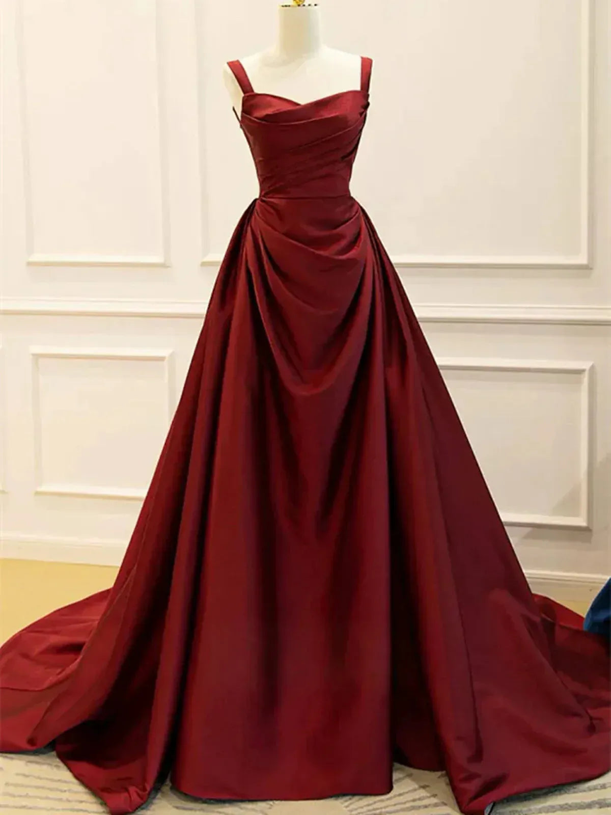 Elegant Ball Gown Ruched Lace Up Burgundy Train Prom Dress For Women Ready To Ship