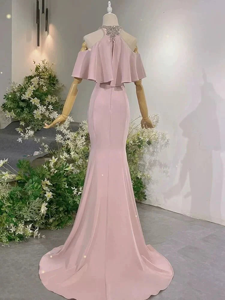 Elegant Mermaid Halter Cold-Shoulder Ruffled Blush Floor-Length Party Dress