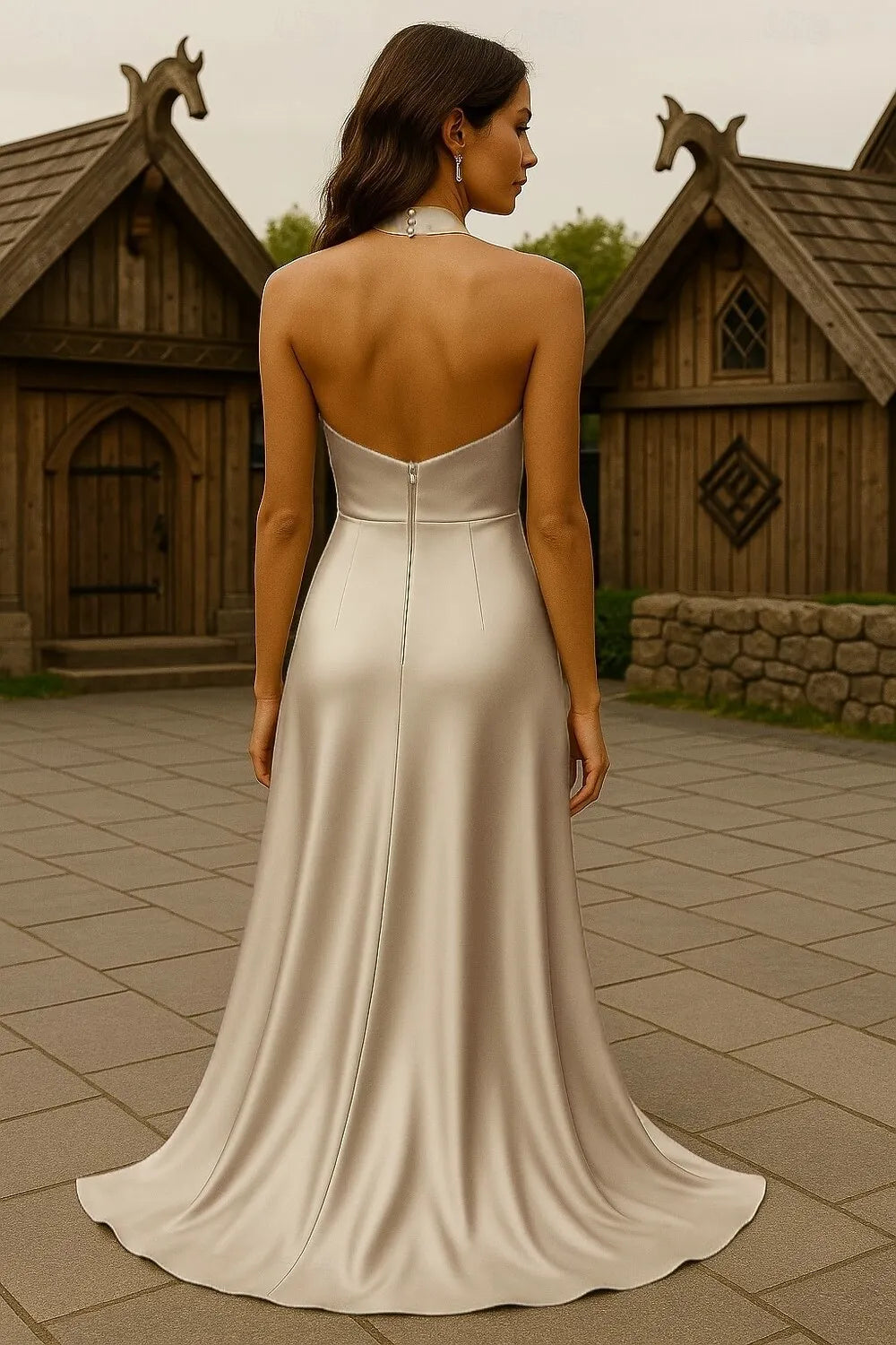 Elegant Mermaid Halter Neck Cowl Neck Satin Champagne Train Prom Dress For Sale