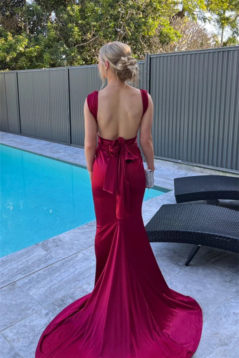 Elegant Mermaid Knotted Straps Sleeveless Open Back Floor-Length Evening Dress