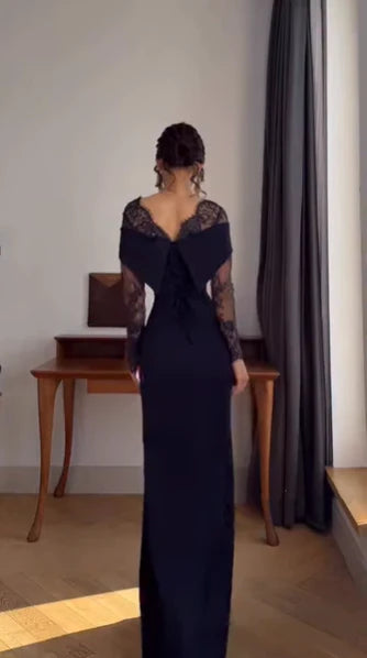 Elegant Mermaid Off-the-Shoulder Lace-Trimmed Black Long Party Dresses