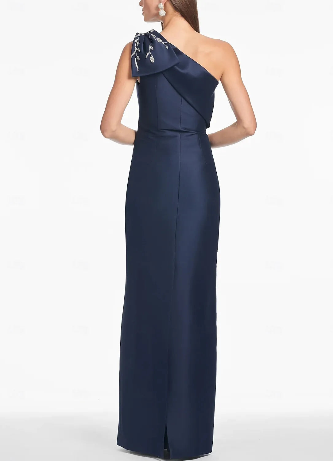 Elegant Mermaid One Shoulder Beaded Floral Applique Navy Blue Floor Length Evening Dress