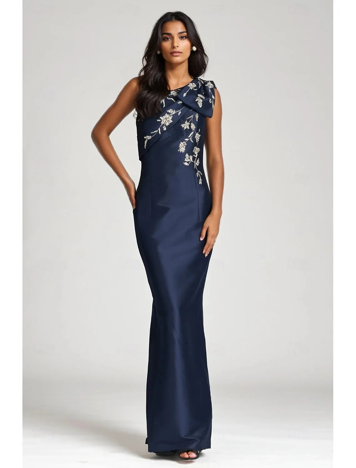 Elegant Mermaid One Shoulder Beaded Floral Applique Navy Blue Floor Length Evening Dress