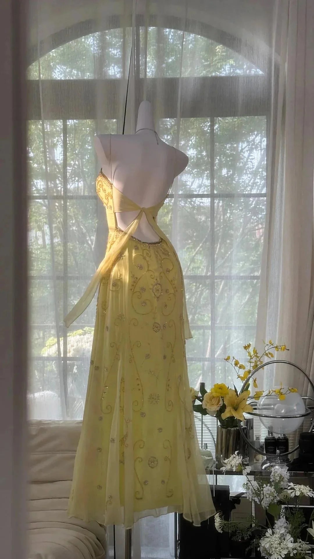 Elegant Mermaid Spaghetti Strap Beaded Yellow Floor-Length Prom Dress