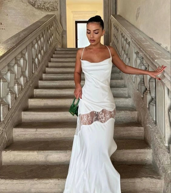 Elegant Mermaid Spaghetti Strap Sleeveless Lace-Insert White Satin Party Dresses