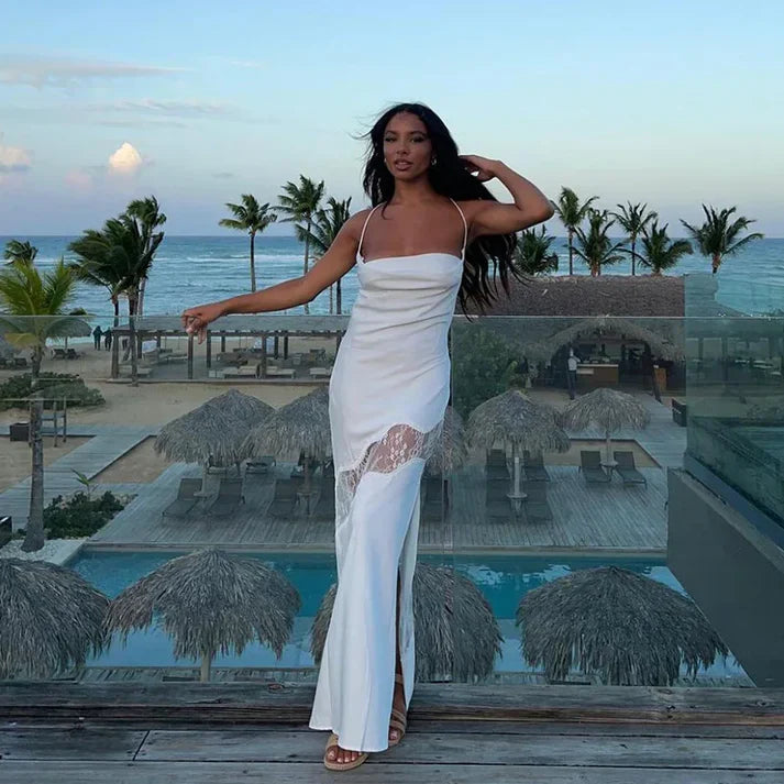 Elegant Mermaid Spaghetti Strap Sleeveless Lace-Insert White Satin Party Dresses