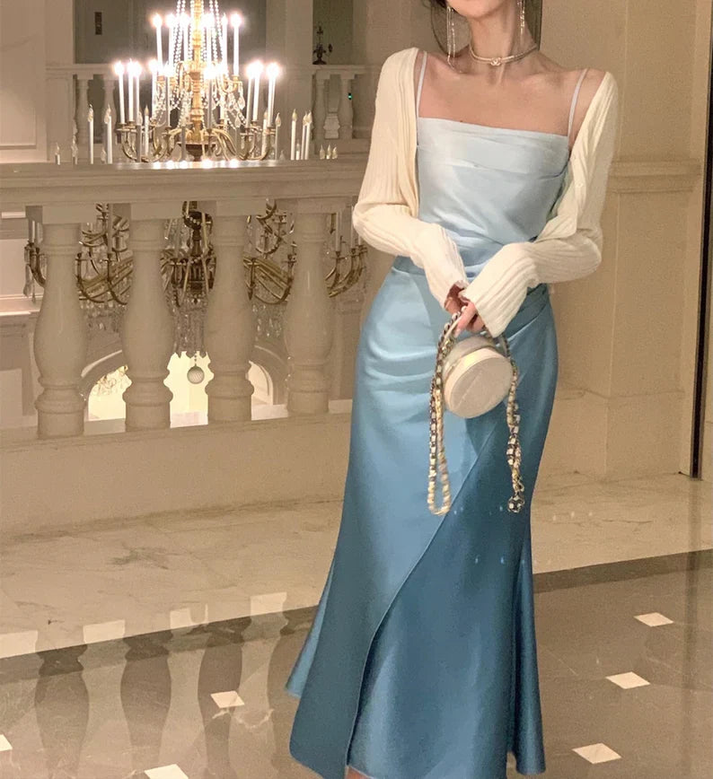 Elegant Mermaid Spaghetti Strap Sleeveless Ombre Blue Satin Party Dresses