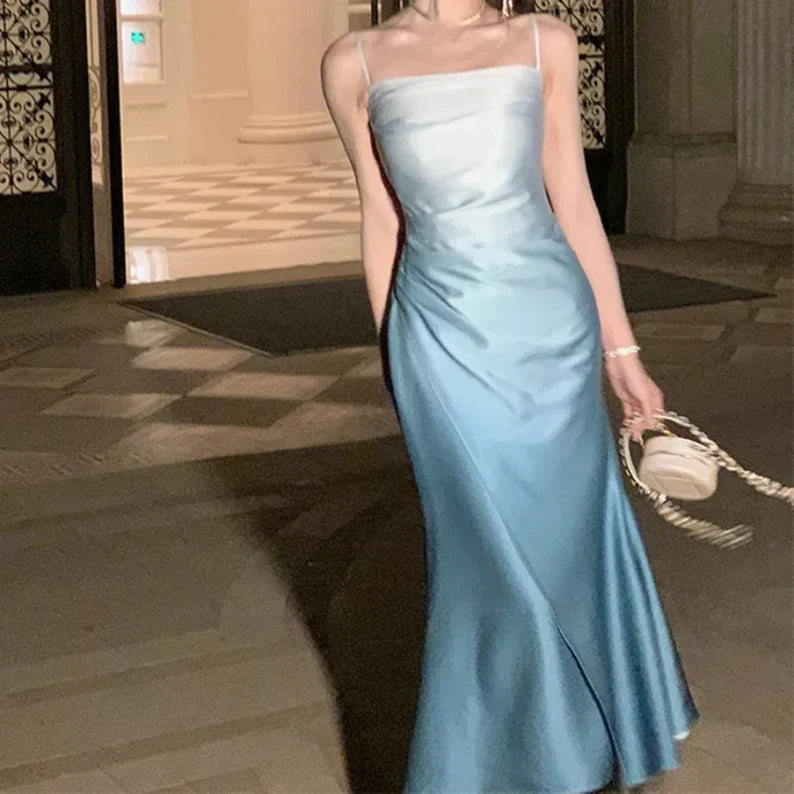 Elegant Mermaid Spaghetti Strap Sleeveless Ombre Blue Satin Party Dresses