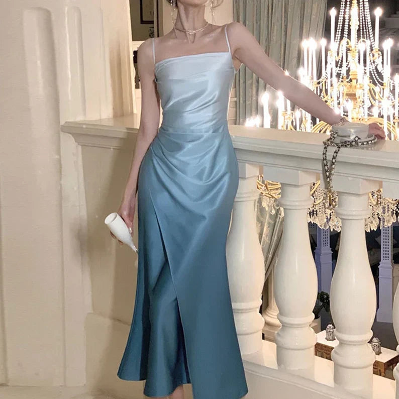 Elegant Mermaid Spaghetti Strap Sleeveless Ombre Blue Satin Party Dresses