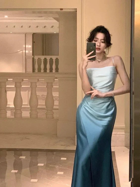 Elegant Mermaid Spaghetti Strap Sleeveless Ombre Blue Satin Party Dresses
