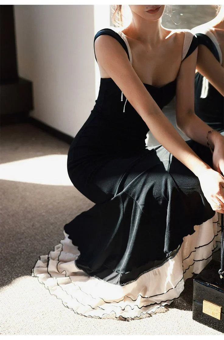 Elegant Mermaid Sweetheart-Neck Sleeveless Two-Tone Black  White Long Party Dresses