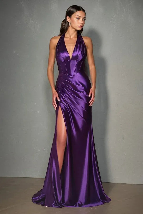 Elegant Mermaid/Trumpet Halter-Neck Sleeveless Lace Up Floor-Length Prom Dress