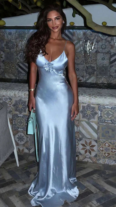 Elegant Mermaid V-Neck Sleeveless Floral-Sky Blue Satin Long Party Dresses