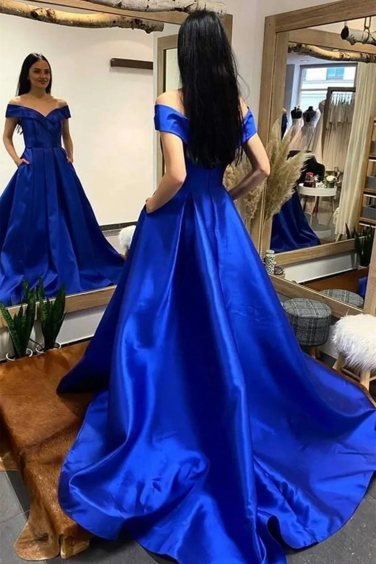 Elegant Off-the-Shoulder Pocketed Royal Blue Floor-Length Prom Dress