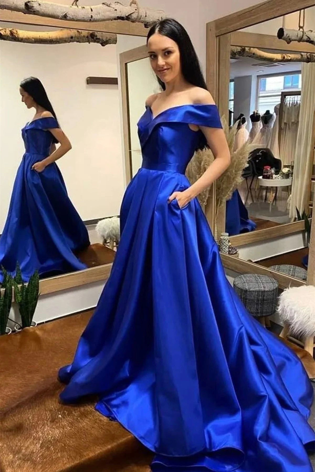 Elegant Off-the-Shoulder Pocketed Royal Blue Floor-Length Prom Dress