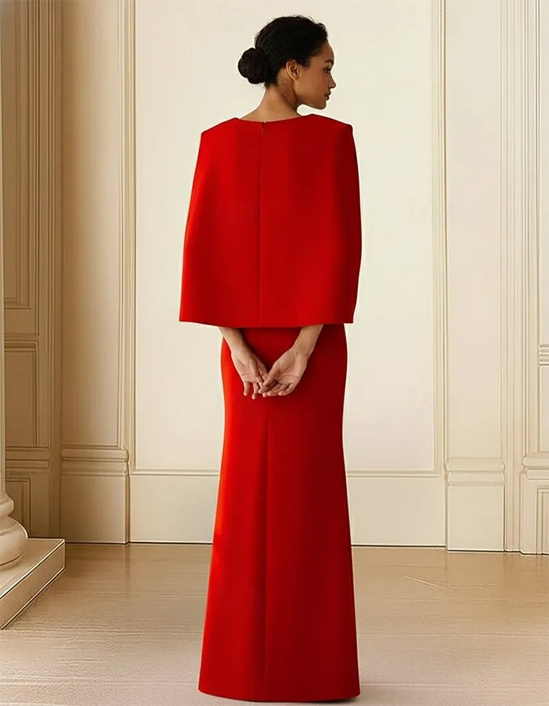 Elegant Sheath Boat Neck Cape Sleeve Red Floor Length Evening Dress With Shawl