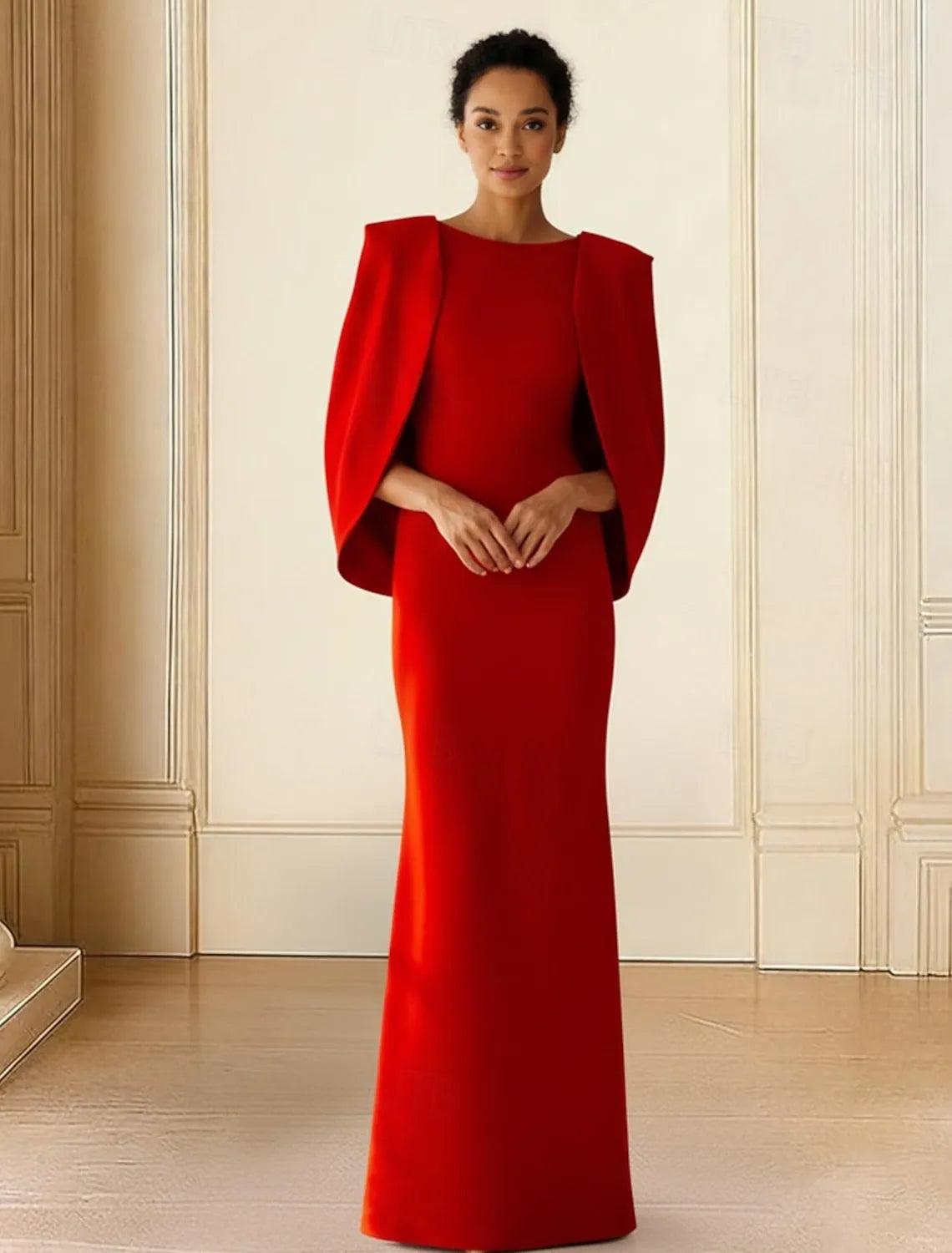 Elegant Sheath Boat Neck Cape Sleeve Red Floor Length Evening Dress With Shawl