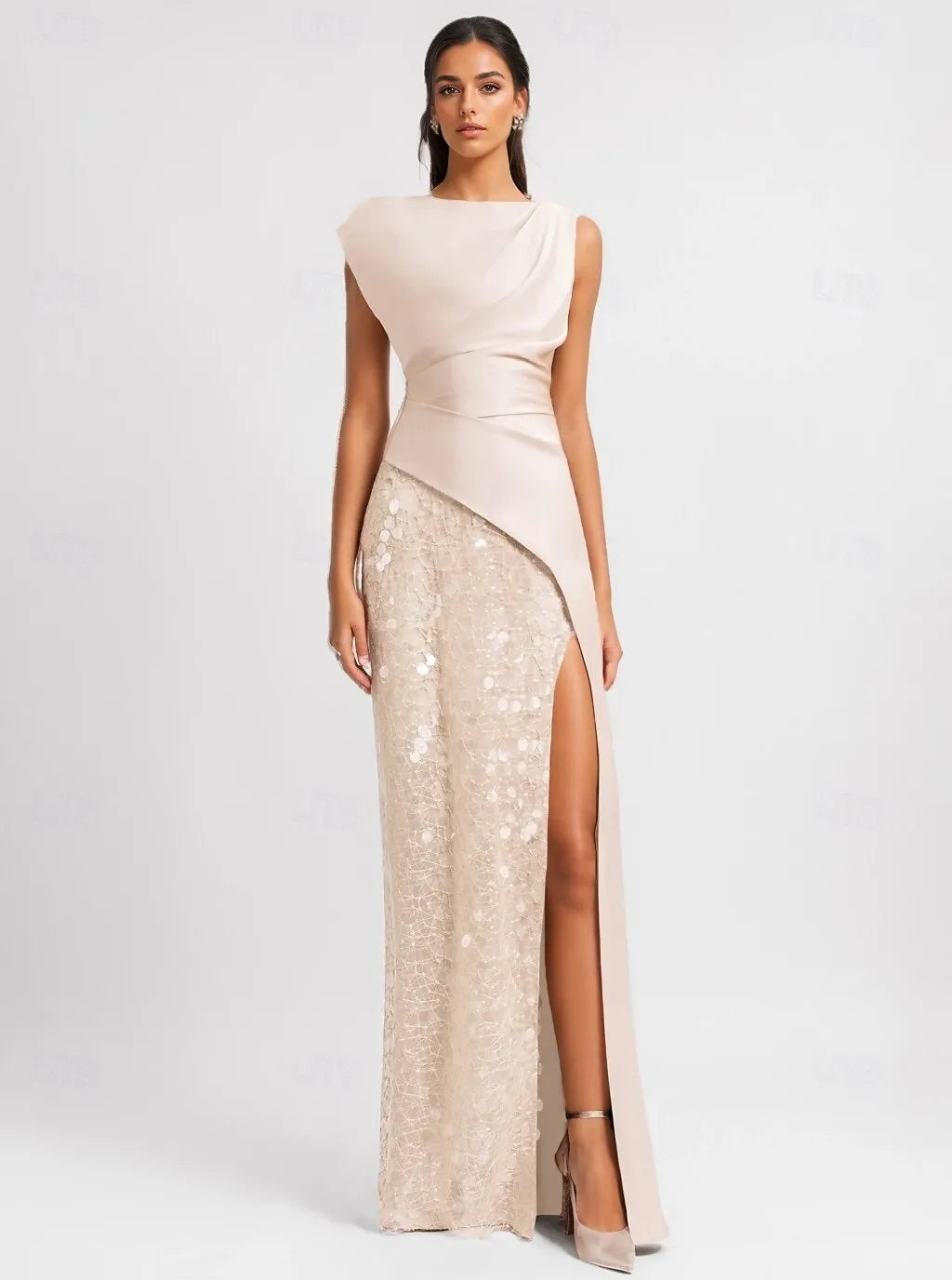 Elegant Sheath Crew Neck Ruched Sequined Blush Floor Length Prom Dress