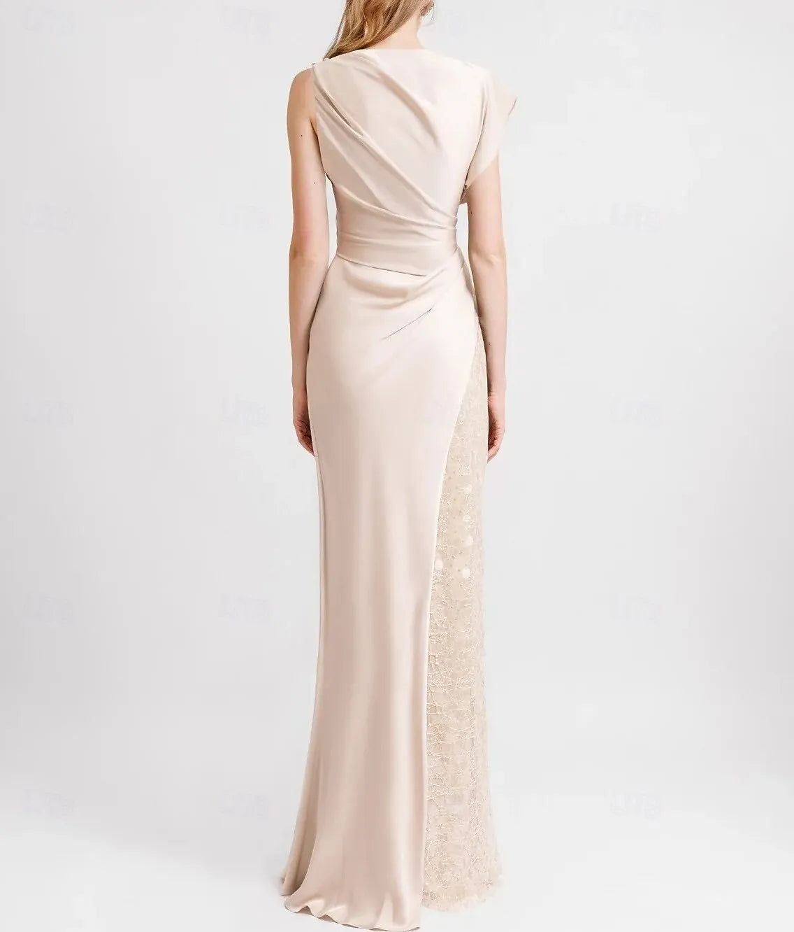 Elegant Sheath Crew Neck Ruched Sequined Blush Floor Length Prom Dress