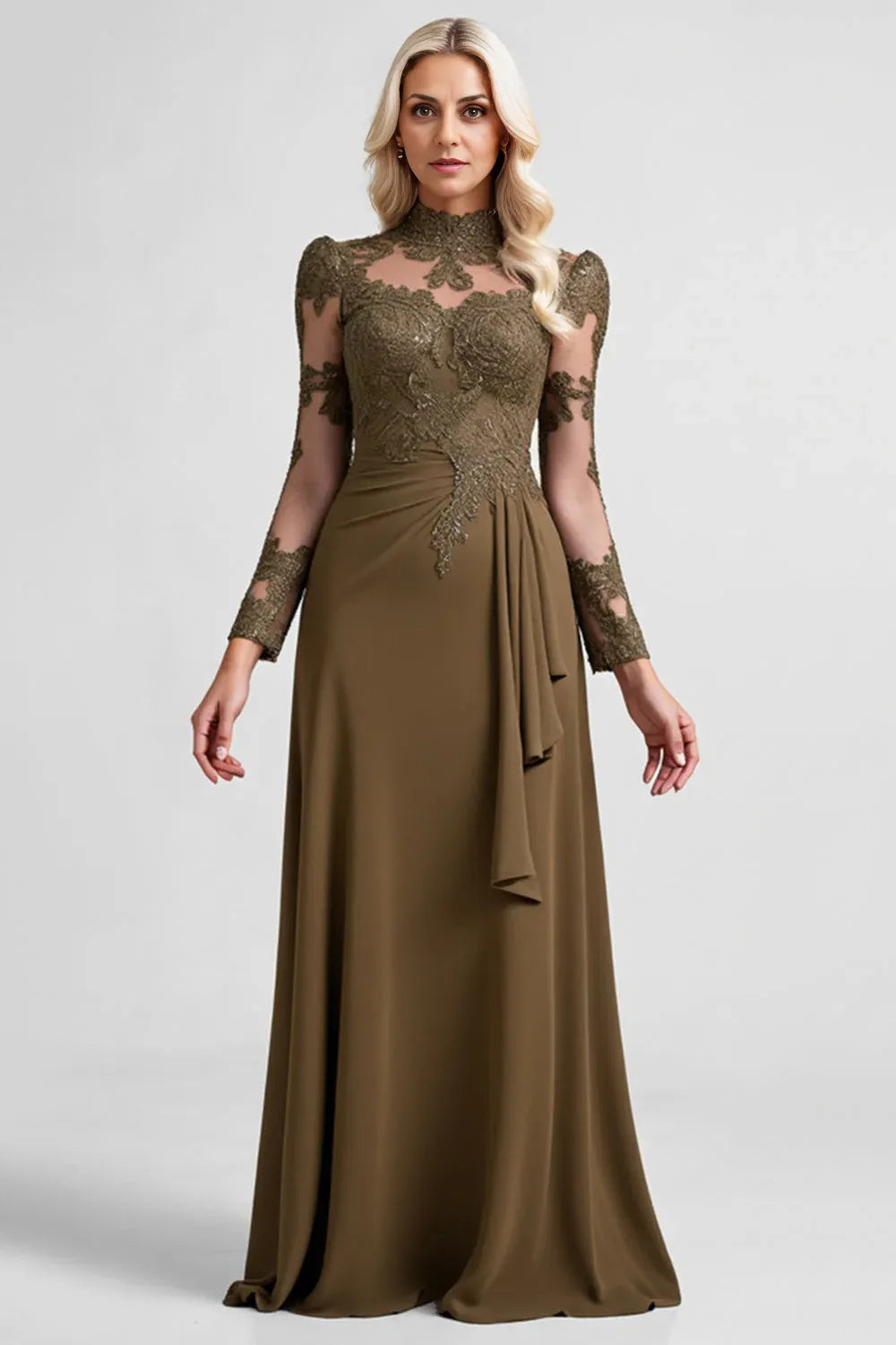 Elegant Sheath Hight Neck Long Sleeve Sheer Back Floor-Length Mother of the Bride Dress