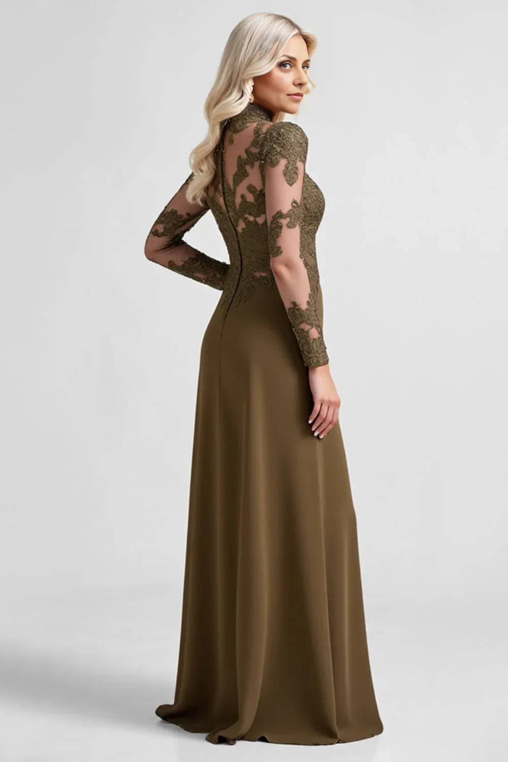 Elegant Sheath Hight Neck Long Sleeve Sheer Back Floor-Length Mother of the Bride Dress