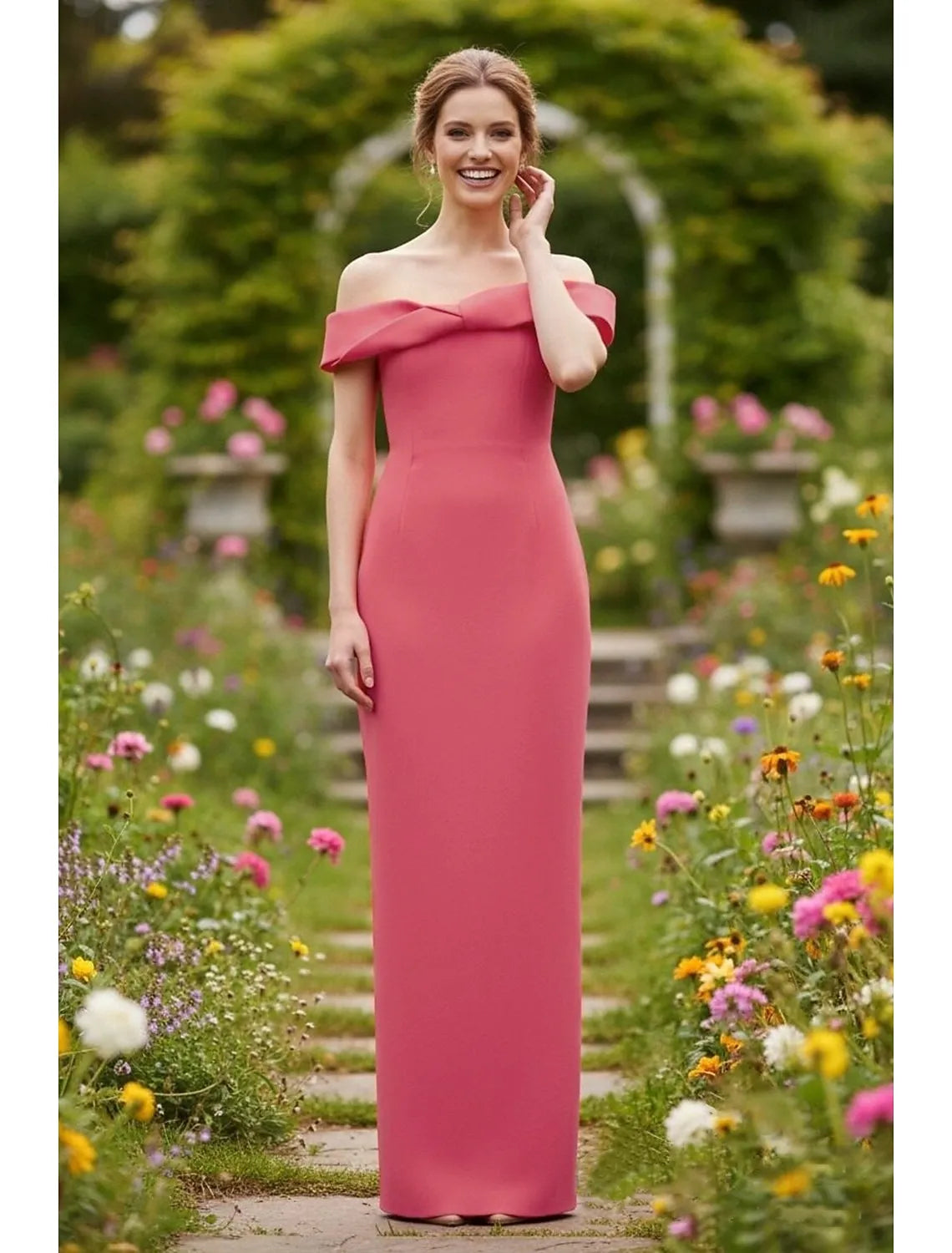 Elegant Sheath Off Shoulder Bow Slit Rose Floor Length Prom Dress For Sale
