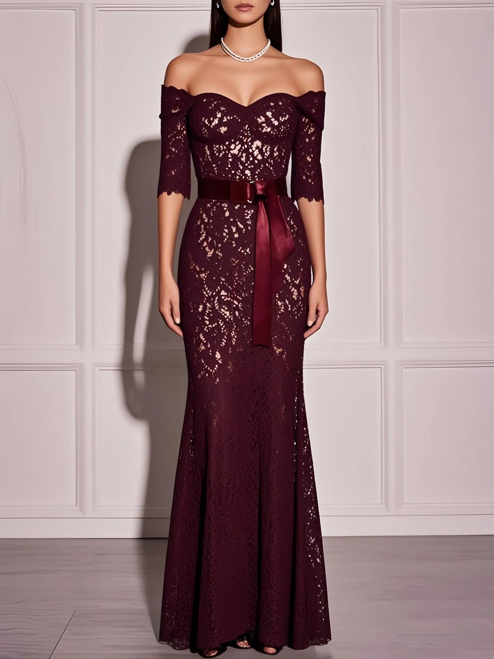 Elegant Sheath Off The Shoulder Half Sleeve Lace Up Floor Length Evening Dresses