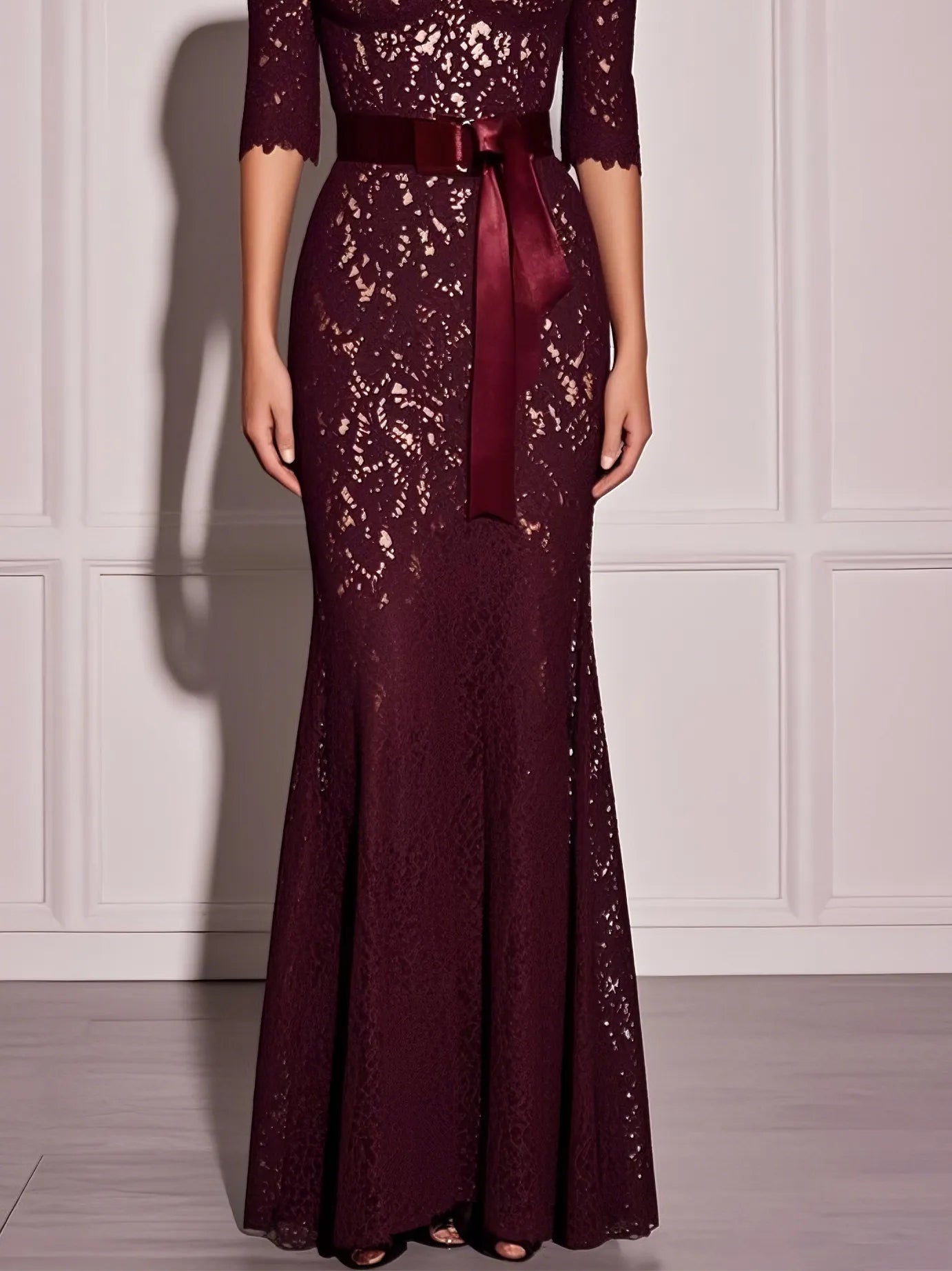 Elegant Sheath Off The Shoulder Half Sleeve Lace Up Floor Length Evening Dresses