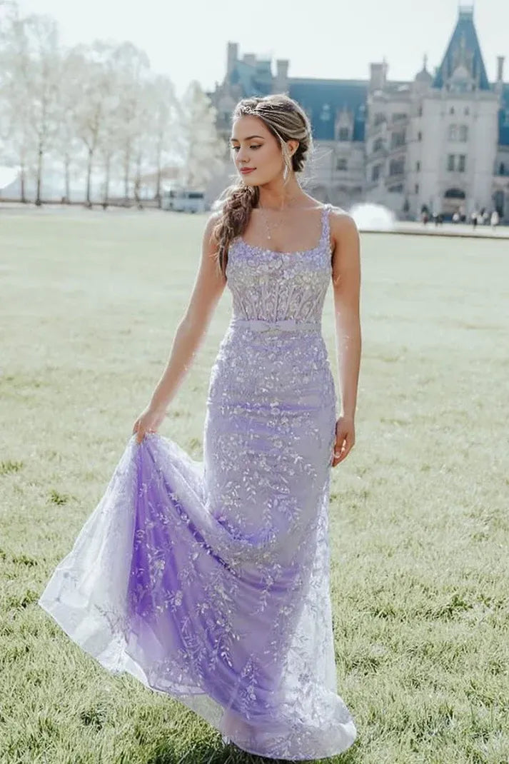 Elegant Sleeveless Mermaid Floor Length Regular Straps Lavender Long Tulle Prom Dresses