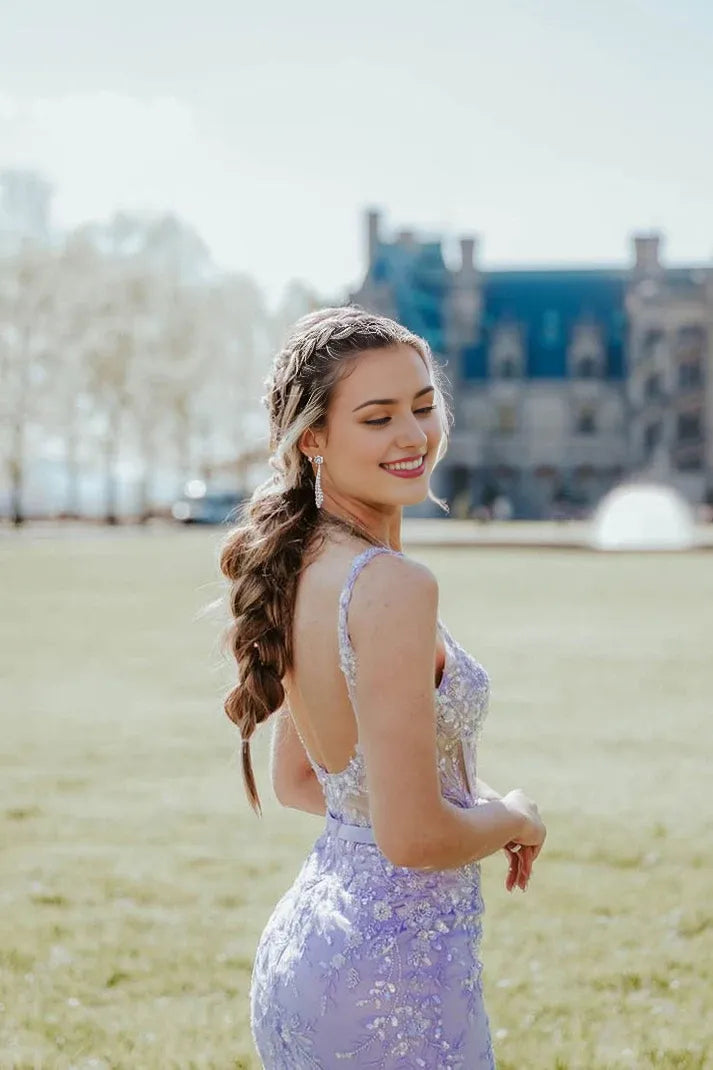 Elegant Sleeveless Mermaid Floor Length Regular Straps Lavender Long Tulle Prom Dresses