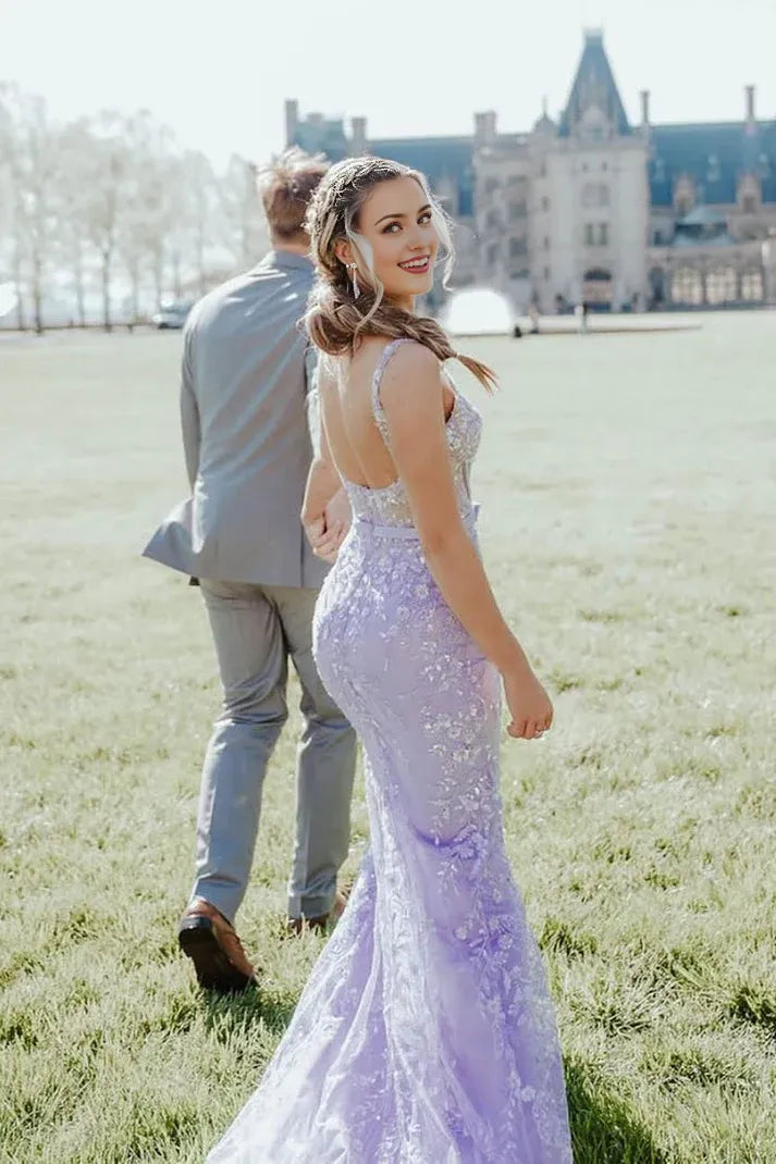 Elegant Sleeveless Mermaid Floor Length Regular Straps Lavender Long Tulle Prom Dresses