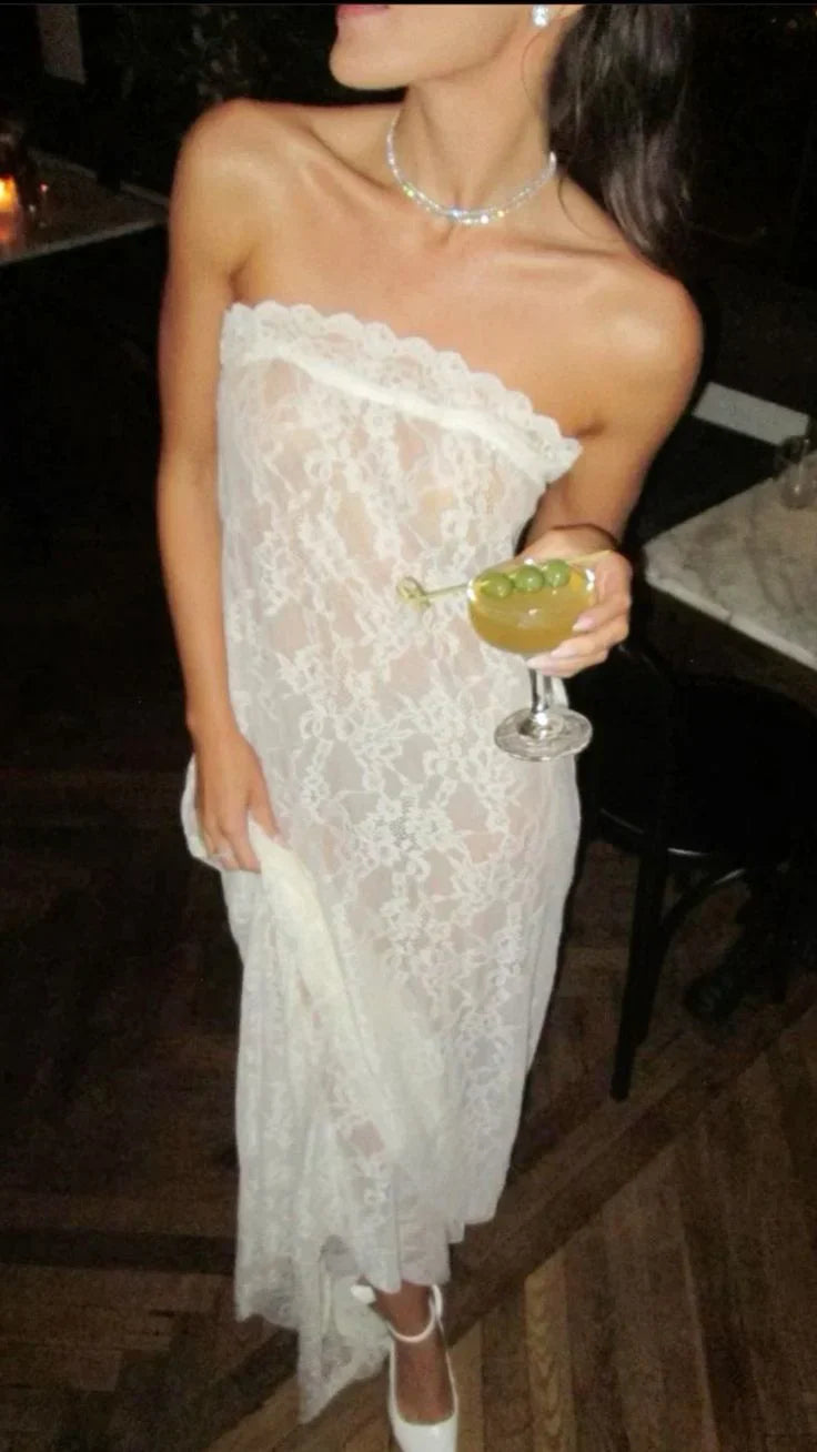 Elegant Strapless Unique Lace Long Maxi Dress Off Shoulder Evening Party Dress Formal Dress Prom Dress